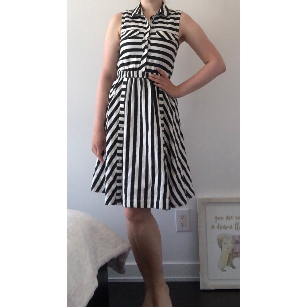 Do+Be striped dress below knee black white classic trendy buttoned collared XS 0